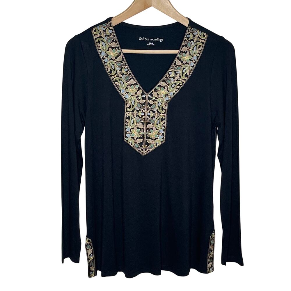 Soft Surroundings Womens Celestia Top XS Black Embroidered V Neck Boho